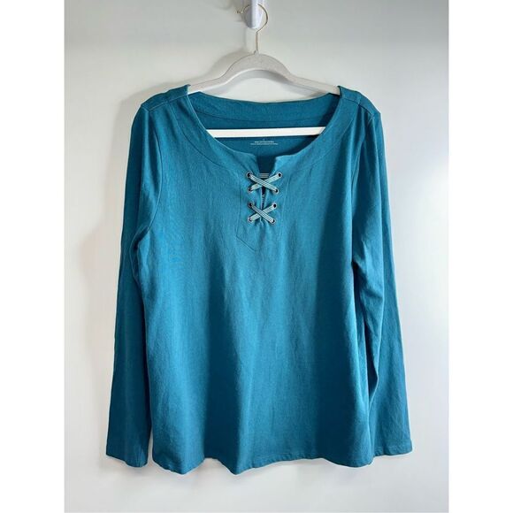 Talbots Shirt Womens Large Sage Green 100% Cotton Long Sleeve‎ Crisscross Front - Picture 1 of 7